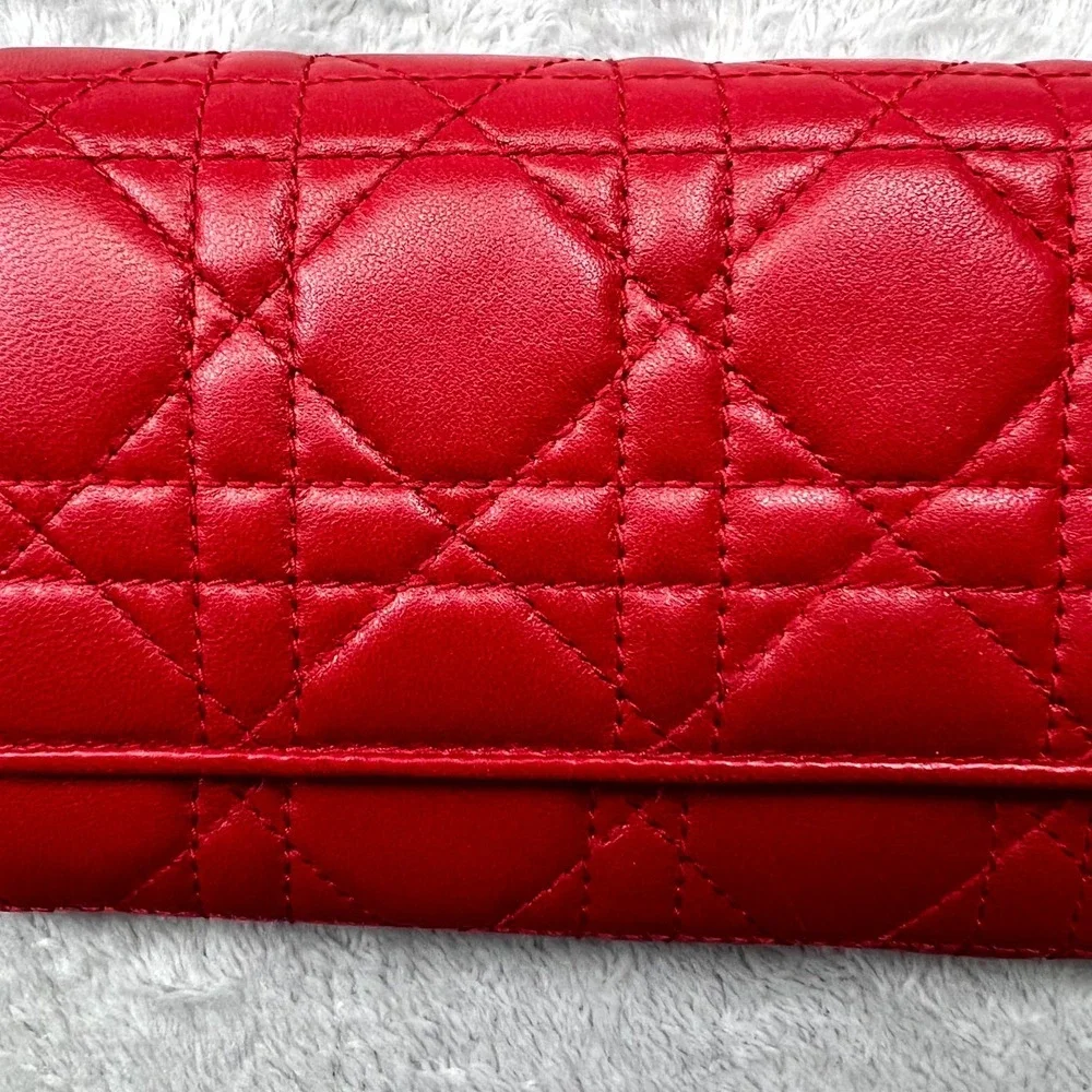 Christian Dior Lady Dior Women Wallet‎ Red Cannage Leather Without Strap Quilted
